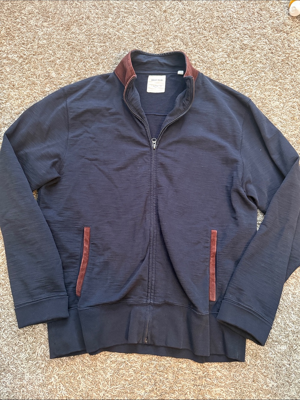 Billy Reid Navy Zip Up Jacket/Cardigan with Brown Suede Trim